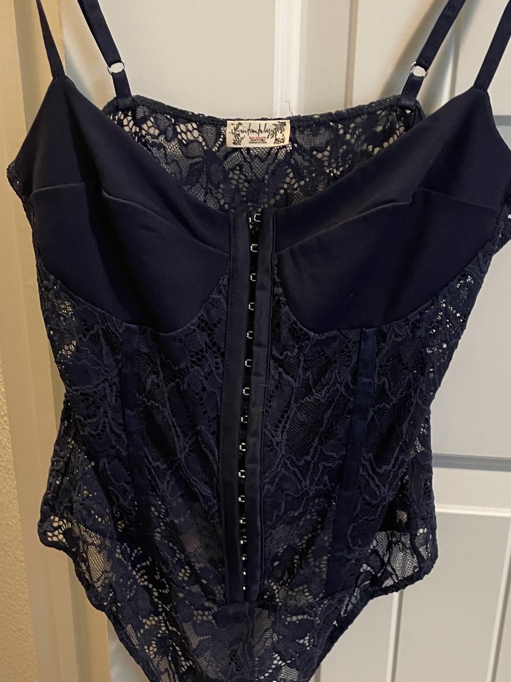 Free People Intimately Navy Lace Hook-Front Bustier Bodysuit